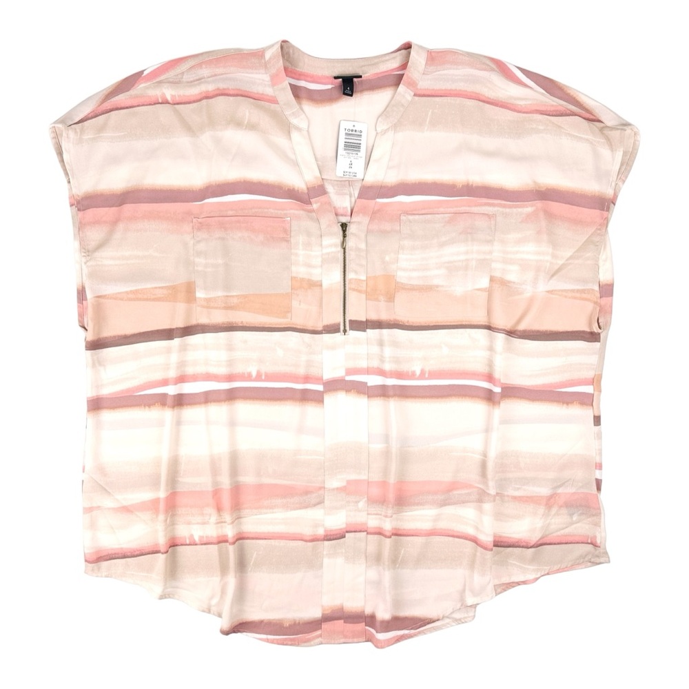 Torrid Sz 4 Sleeveless Blouse Georgette Pink Striped rayon Front Zip Lightweight